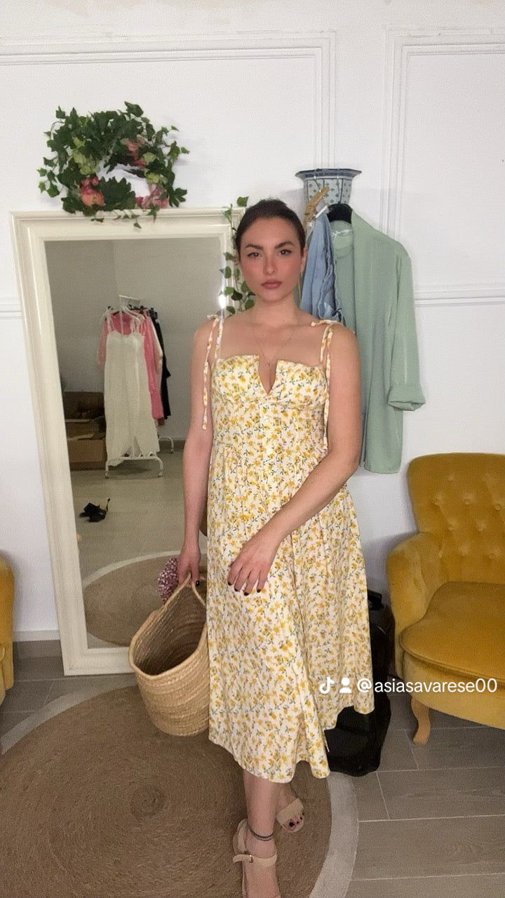 Abito Midi Fantasia Fiori Gialli