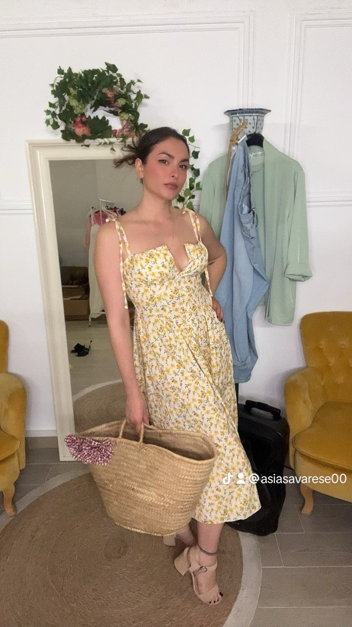 Abito Midi Fantasia Fiori Gialli